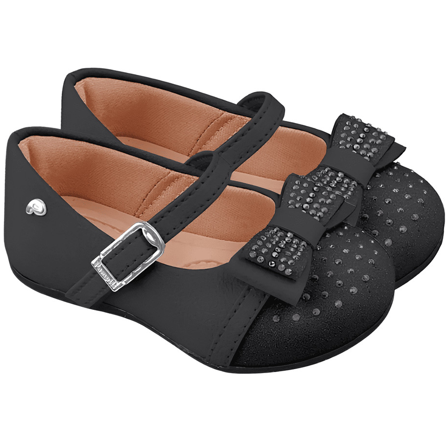 Sapato Infantil Pampili Angel 04 Com Laço Glitter Strass Preto