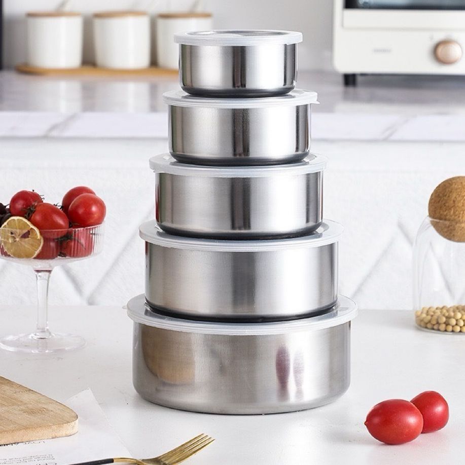 Jogo 5 Potes Tigelas em Inox Alumínio Com Tampa Redondo
