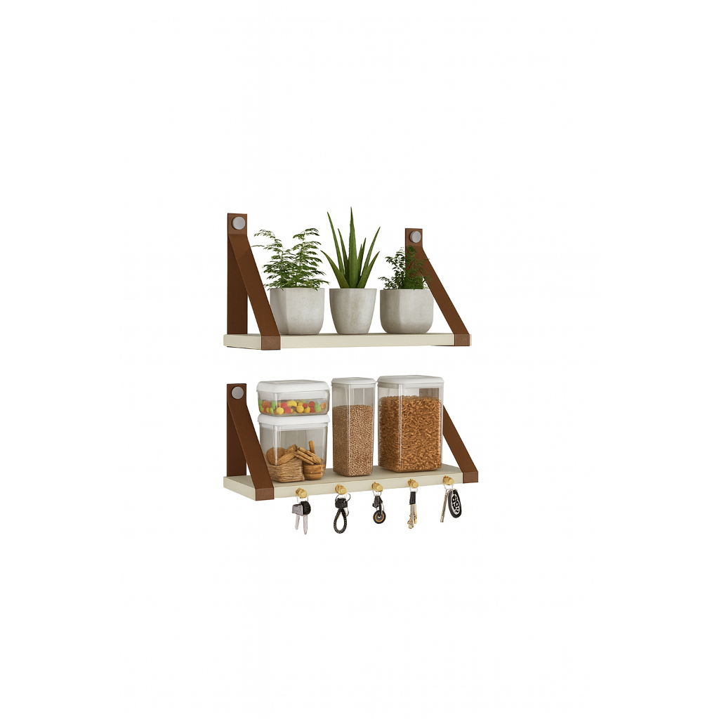 Kit Prateleira Porta Chaves Suporte MDF de Parede Alça de Couro