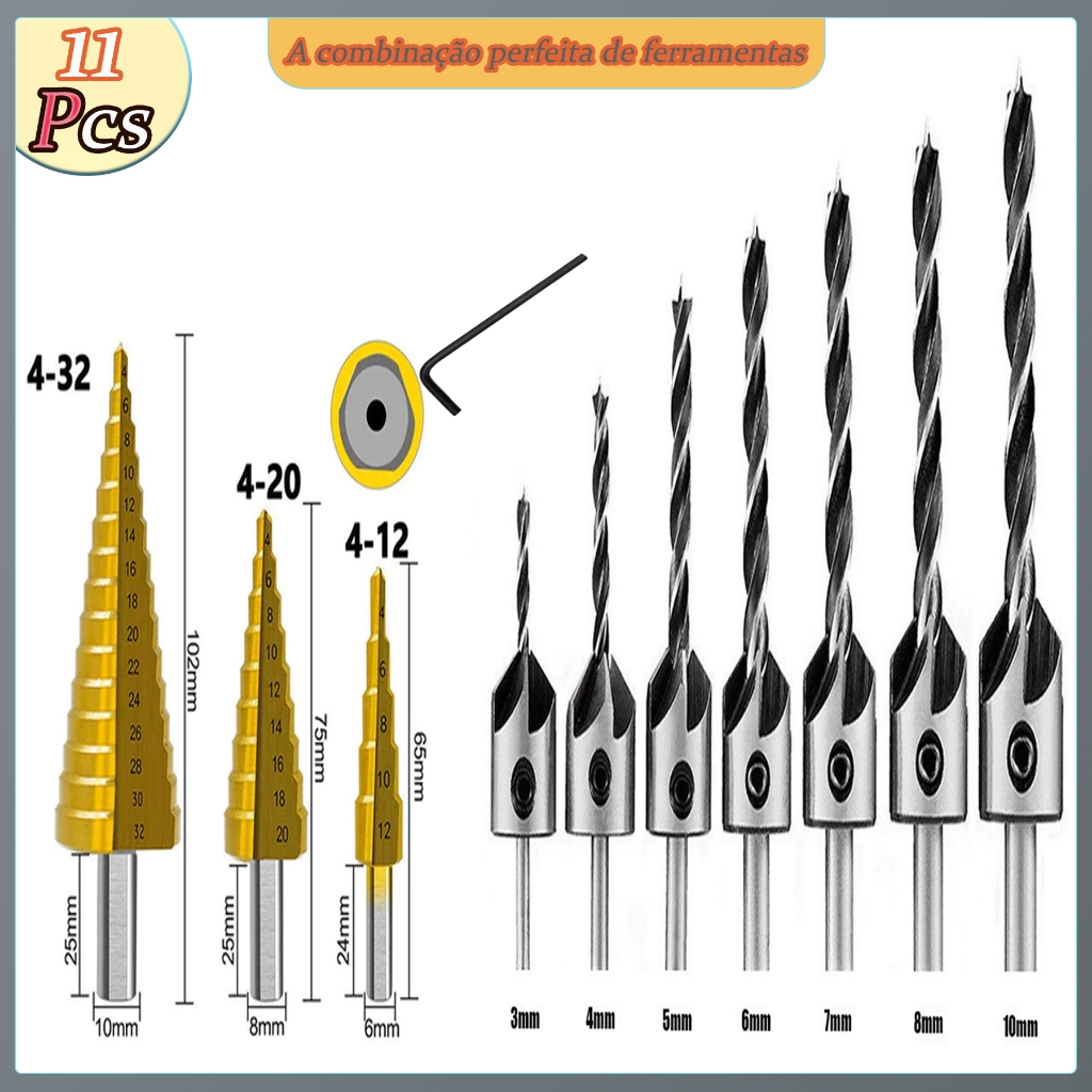 kit jogo broca escariadora 11 peças madeira piloto Brocas Escalonada Titânio