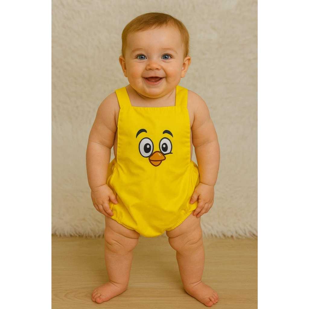 Banho de Sol Body Jardineira Pintinho Amarelinho Menino Verão Fantasia Temática Bebê Infantil Mesversário Roupinha
