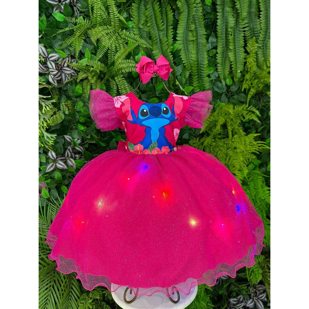 Vestido de festa luxo no Tema Lilo Stitch Pink com Led Festa Aniversário Menina 1 ao 12