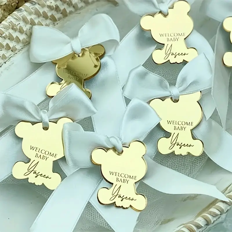 Etiquetas de Lembrancinha Ursinho Personalizadas – Chá Revelação e Bebê em Acrílico Espelhado