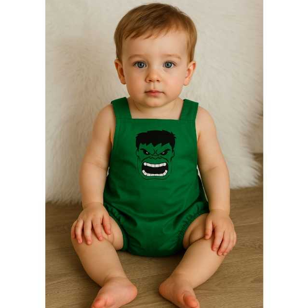 Body Bebê HULK  Mesversário Temático Fantasia Super-Herói Jardineira Macacão Banho de Sol Roupinha Algodão Verão Menino