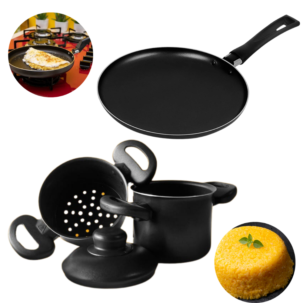Kit Mini Cuscuzeiro Porção única  + Frigideira Tapioqueira Panquequeira Antiaderente