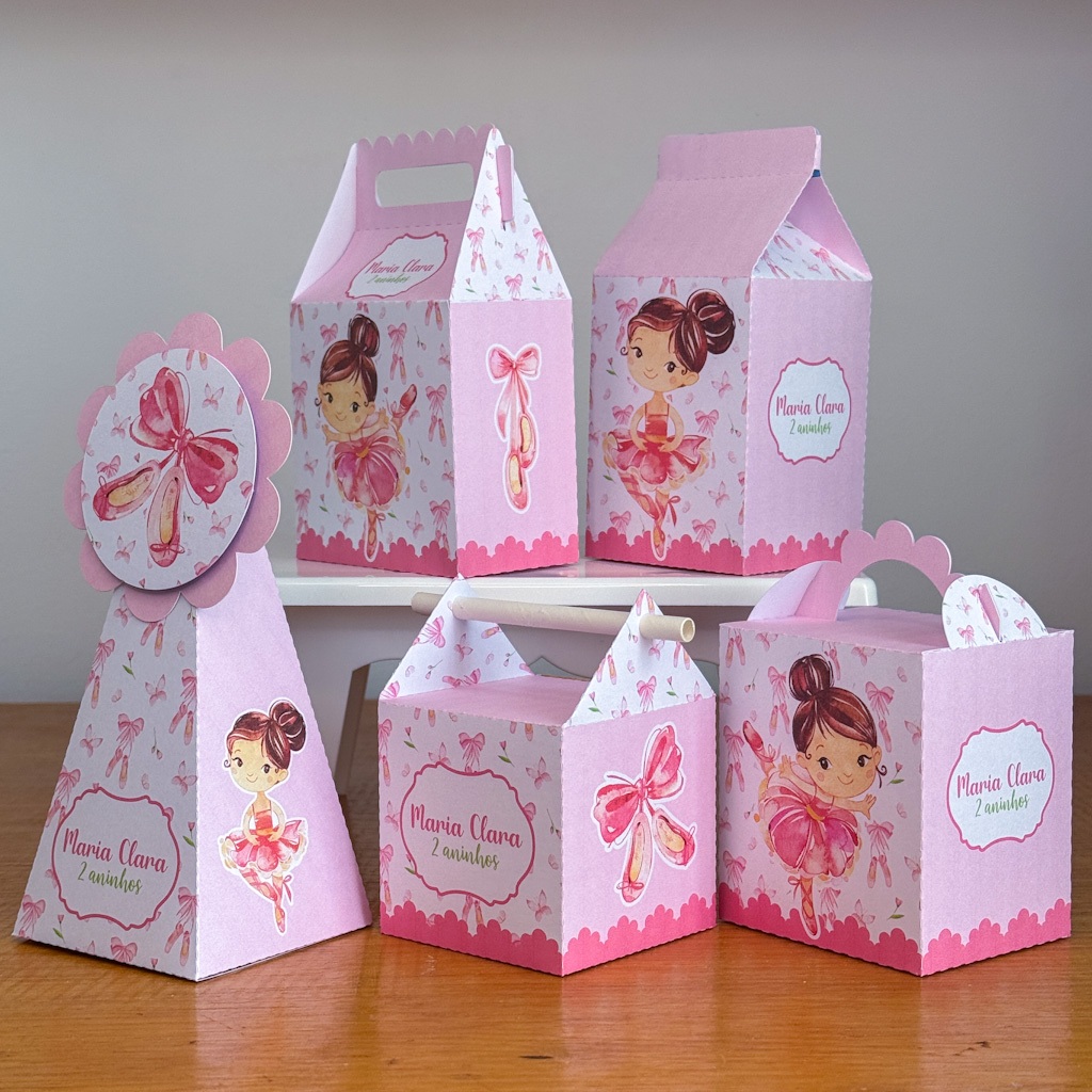 Kit Caixinhas Papelaria Personalizada Bailarina 3 Lembrancinha Surpresa Aniversário Festa Infantil Desmontado