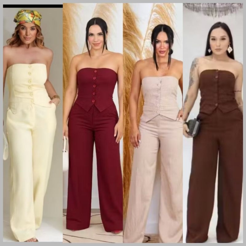 Conjunto Feminino Calça Pantalona e Blusa Tomara que Caia Alfaiataria Premium Luxo Moda Social Plus