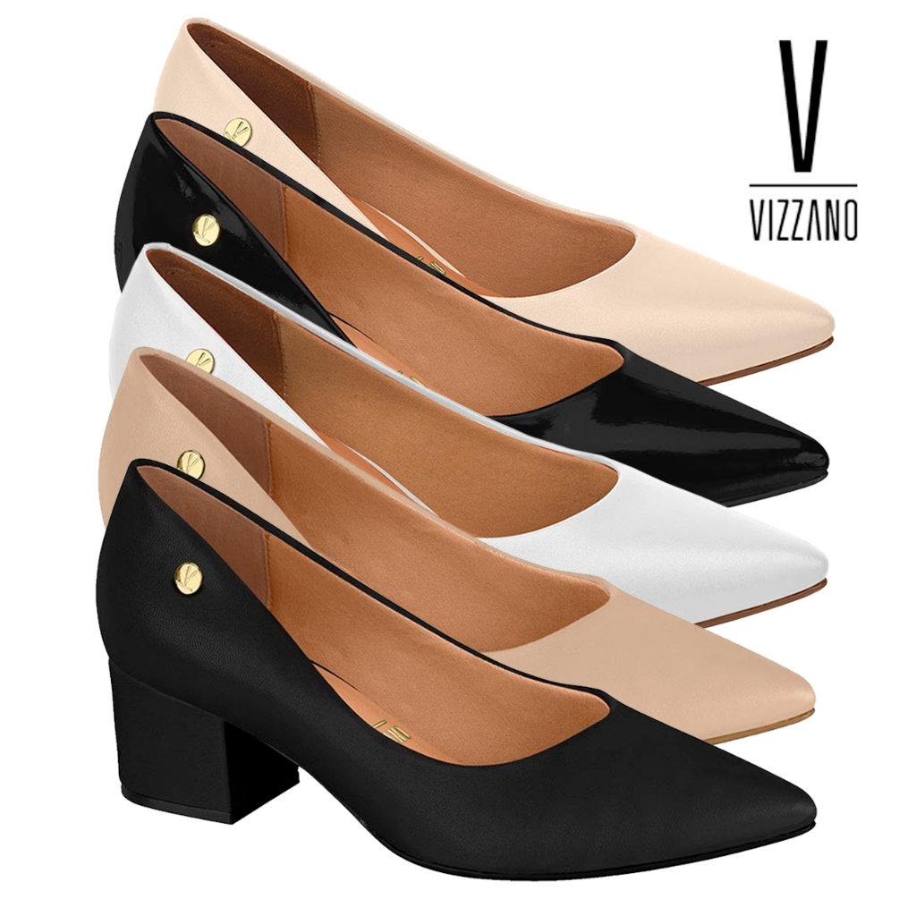 Sapato Scarpin Feminino Vizzano Salto Baixo Grosso Bloco Bico Fino Pelica Preto Original Confortável