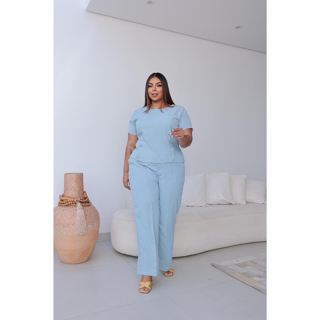 Conjunto Plus Size Sarja blusa com zíper, calça com elástico e bolso cores azul, bege, preto, verde
