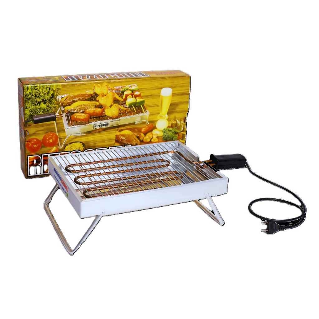Churrasqueira elétrica portátil grande 40cm branca Rizzogrill com grelha sobre base metálica