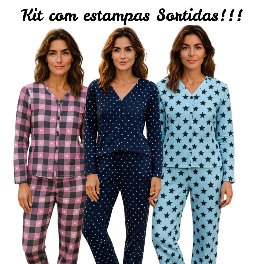 Kit 2  Pijamas Longo Botão Amamentação Pós Parto Confortável Calça Manga Longa Cores Sortidas