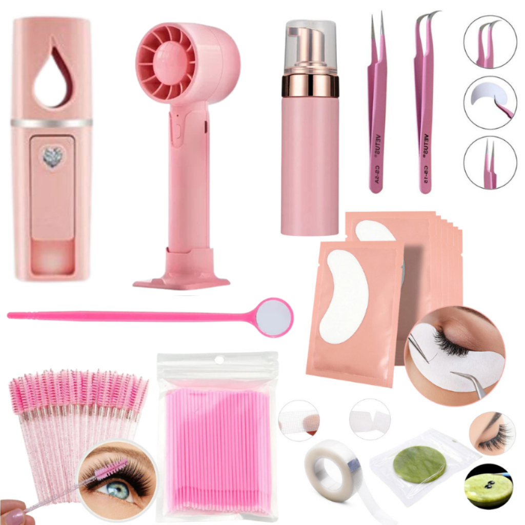Kit Iniciante Extensão Alongamento De Cilios Nano Vaporizador Ventilador Escovinha Microbrush Pinça