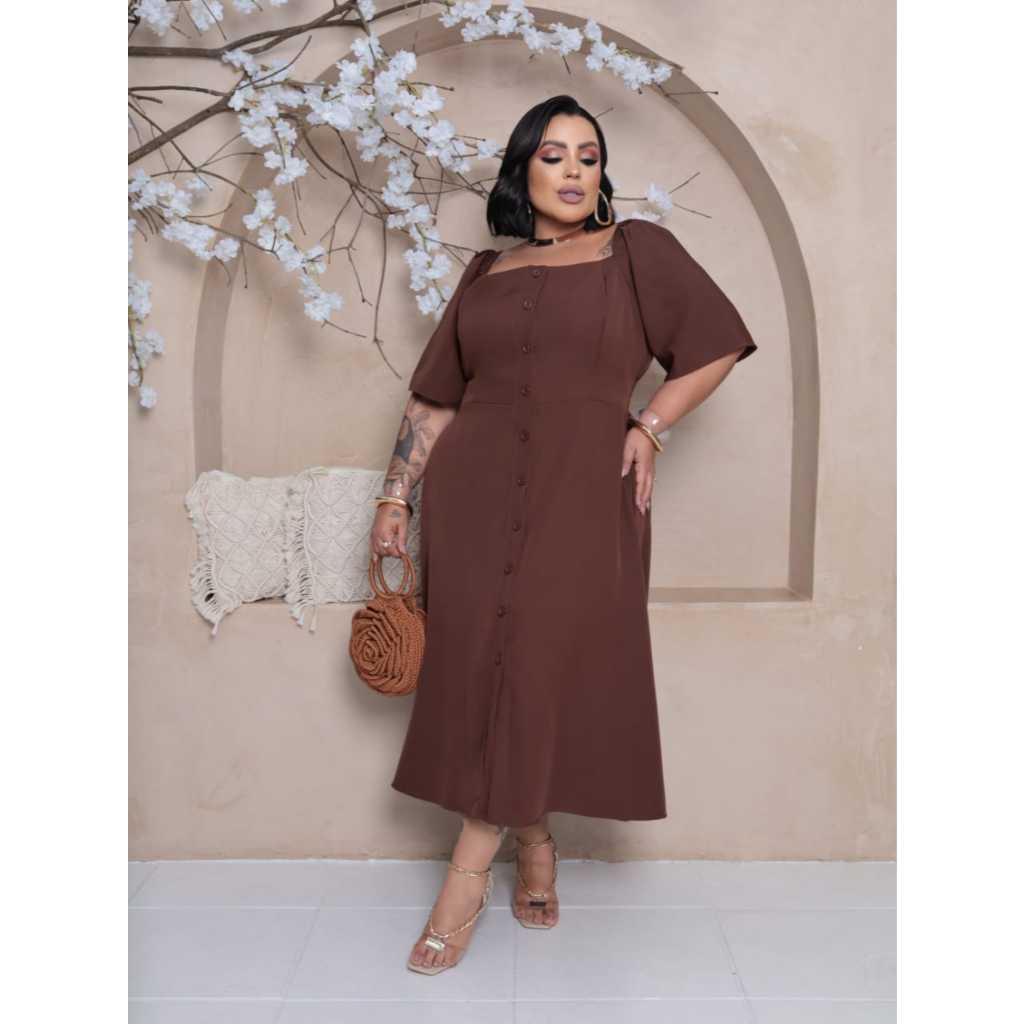 Vestido longuete feminino com detalhe em botões manga curta plus size alfaiataria sensorial em Oferta na Shopee