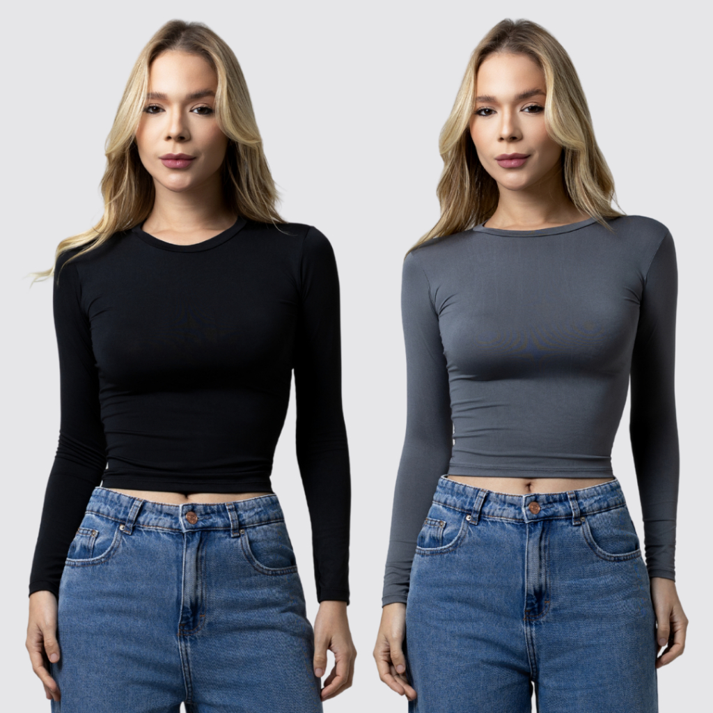 Kit 2 Blusa Feminina Manga Longa de Compressão - Blusinha Manga Comprida - Ajuste Perfeito Baby Tee em Oferta na Shopee