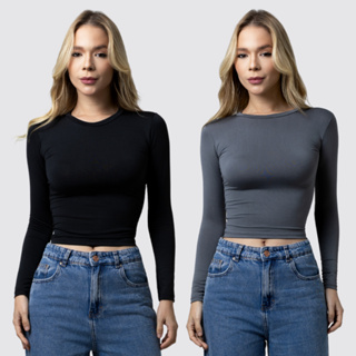 Kit 2 Blusa Feminina Manga Longa de Compressão - Blusinha Manga Comprida - Ajuste Perfeito Baby Tee em Oferta na Shopee