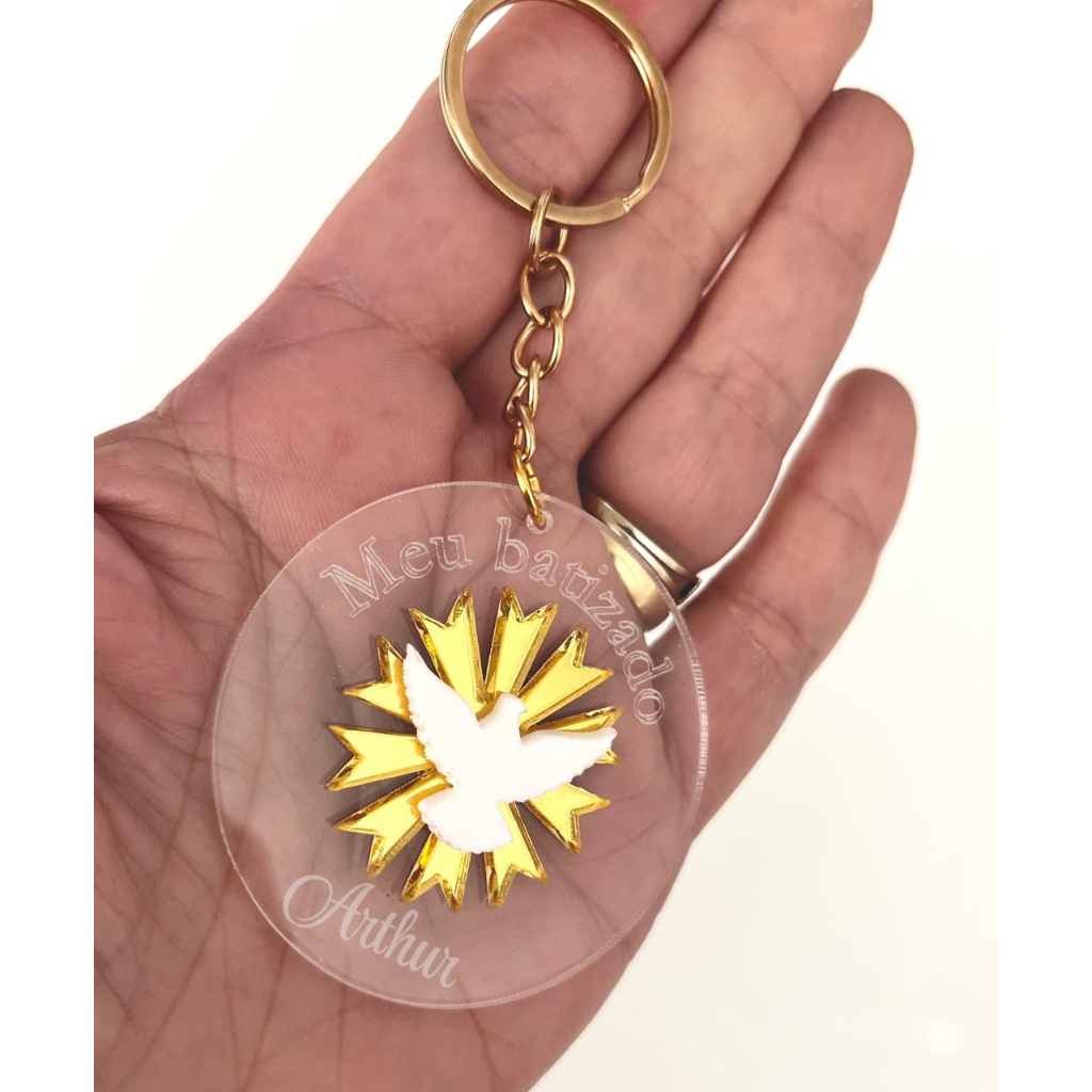 Lembrancinha batizado batismo chaveiro acrilico personalizado espirito santo com saquinho organza