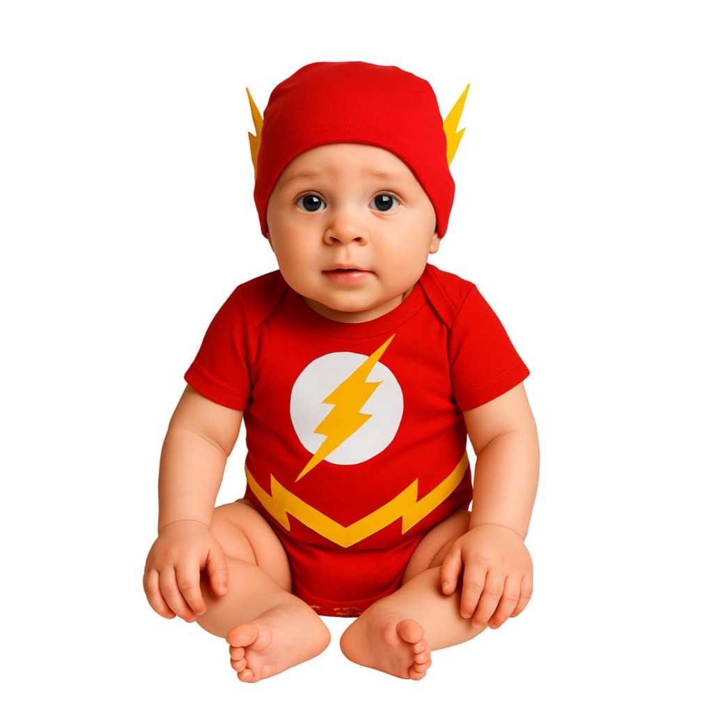 Body Bebê The Flash + Touca Fantasia Mesversário Menino Menina Roupa Infantil Temática Super-Herói