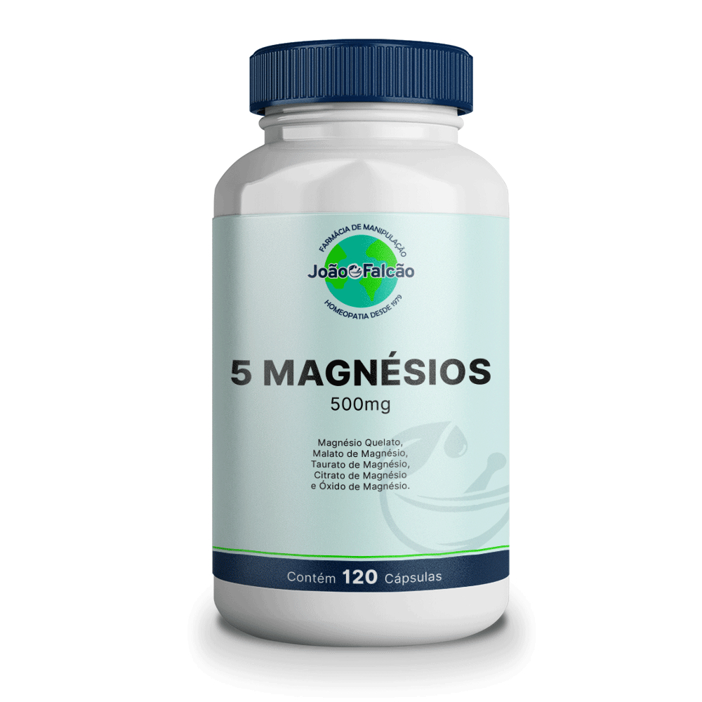 5 Magnésios 500mg - 120 Cápsulas (Magnésio Quelato, Malato, Turato, Citrato e Óxido)