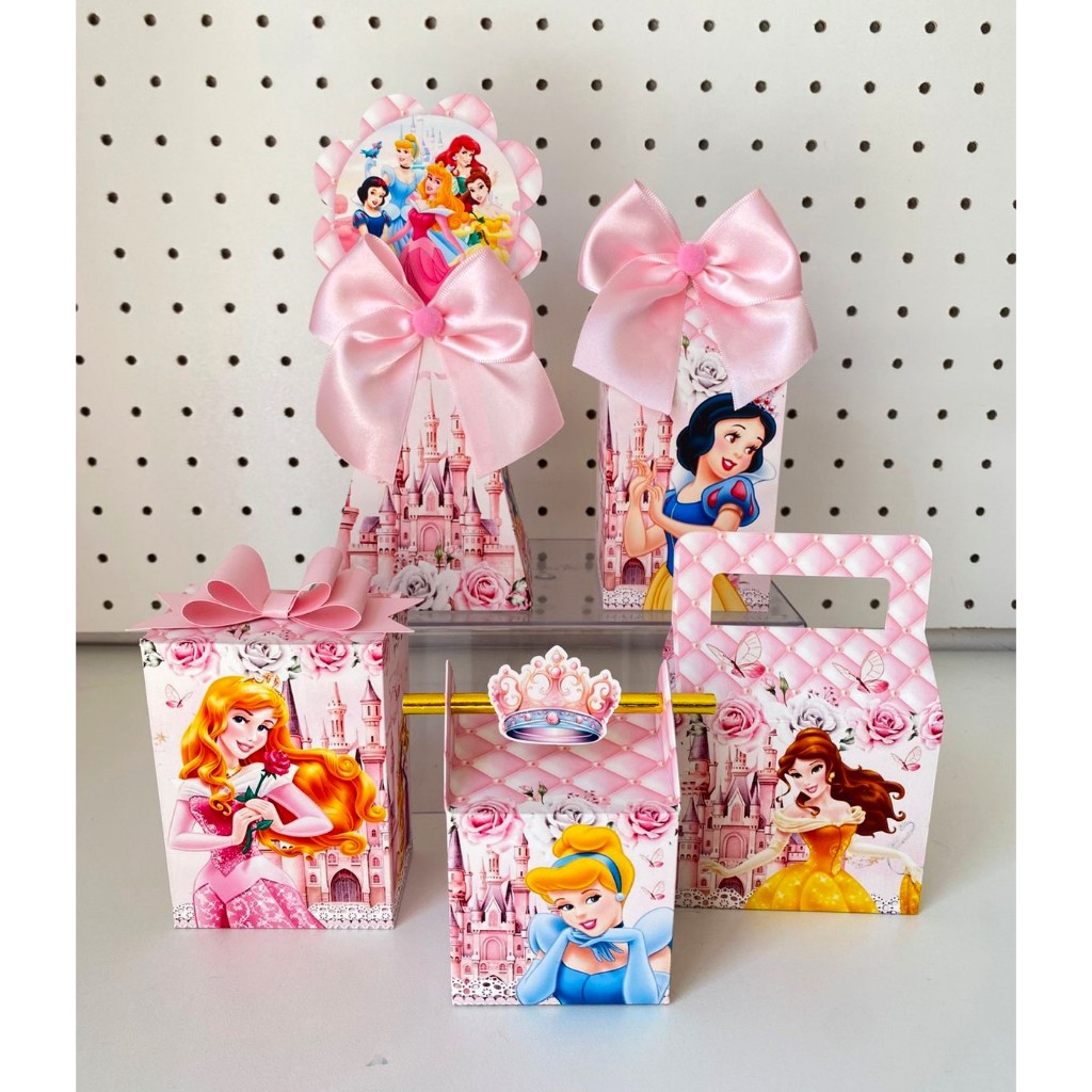 Kit Festa Personalizado Princesas, Caixas Pegue e Monte, Lembrancinha Princesas