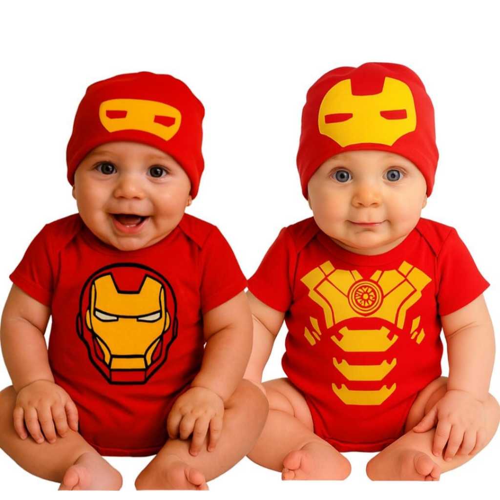 Body Bebê Homem de Ferro Fantasia Temática Super-Herói Infantil Mesversário Roupa Menino + Touca