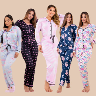 Pijama Feminino Americano  Longo Pós Cirúrgico Amamentação Inverno Stitch Estapas listra Rosa em Oferta na Shopee