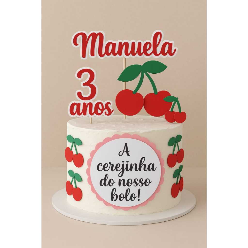 Topo de Bolo Cerejinha Personalizado | Festa Aniversário /Mesversário | Topo Tema Cereja