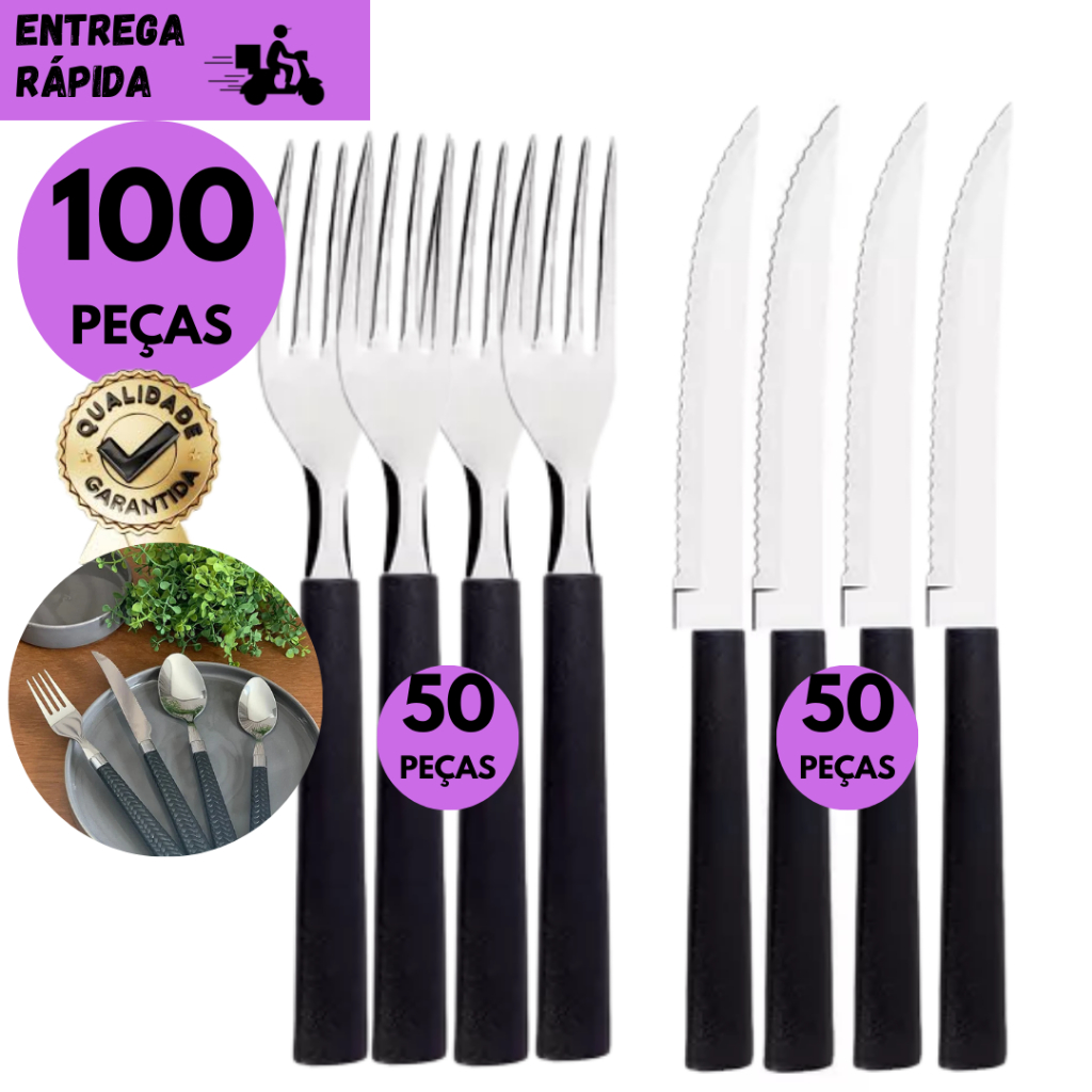 Kits 100/60/40 ou 30 Garfo e Faca Inox Cabo Preto Talheres Resistentes Churrasco Jantar Restaurante