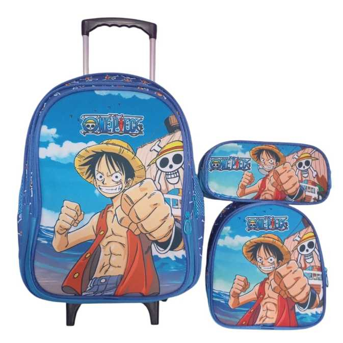 Kit Mochila Rodinha One Piece + Lancheira Térmica + Estojo Escolar Infantil Azul