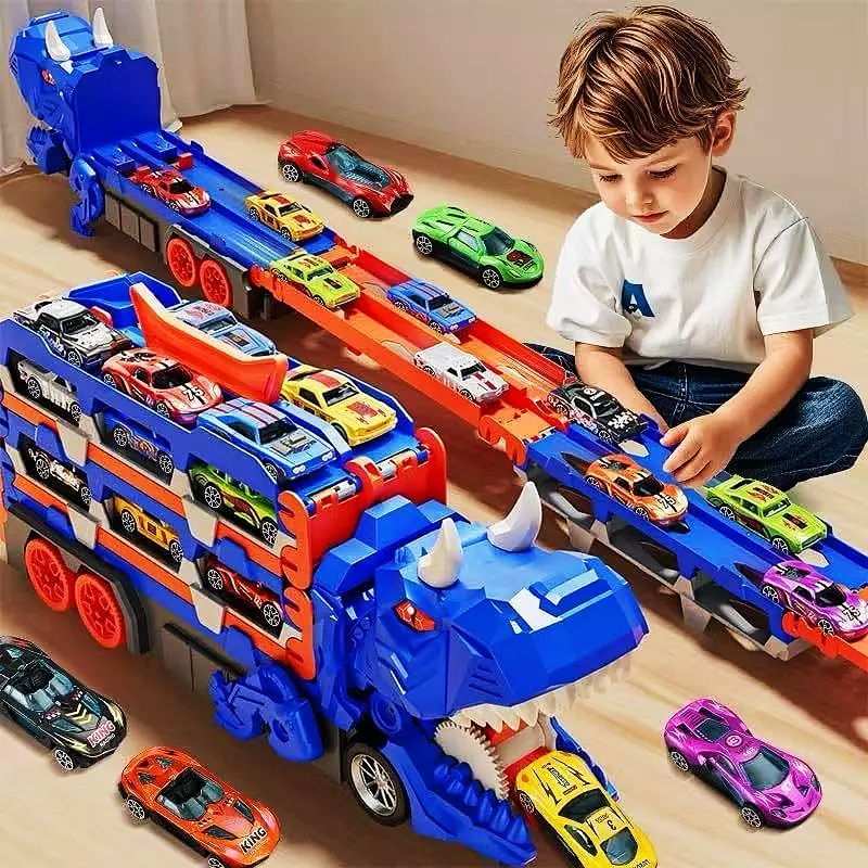 Caminhão Dinossauro 4 em 1 com pista e lançador, 6 carrinhos de metal