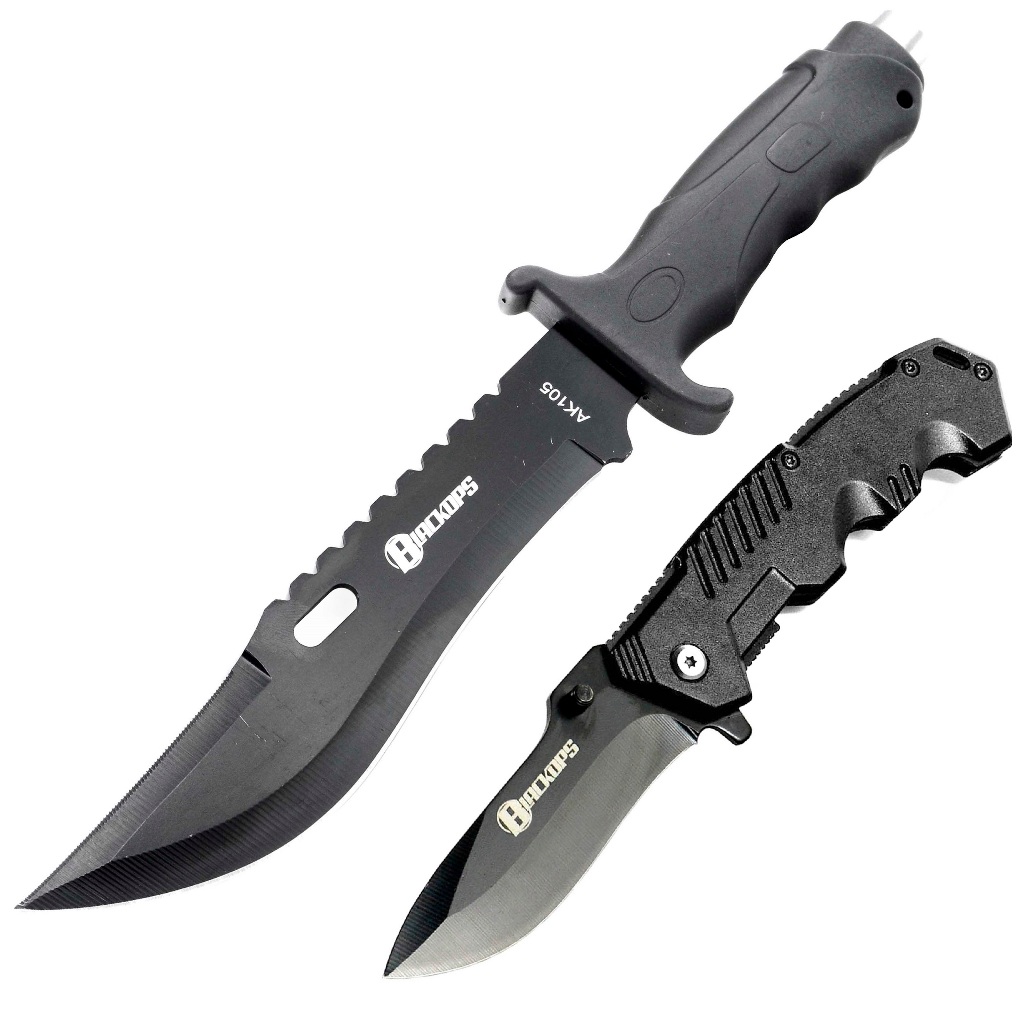 Faca Tática Militar Sobrevivência Pesca Caça Bainha Ak-105 + Canivete Tático Semi Automático kn-1