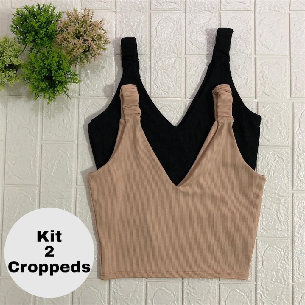 Kit 2 Cropped Feminino Regata Canelada Forro Duplo Gola V Confortável Blusinha Básica Modinha Verão