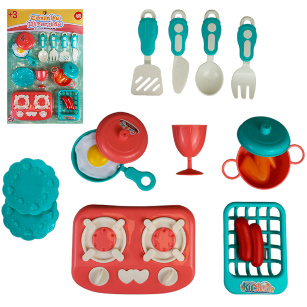 KIT COZINHA INFANTIL COM FOGAO + FRIGIDEIRA E ACESSORIOS COZINHA DIVERTIDA 16 PECAS DIA DAS CRIANÇAS