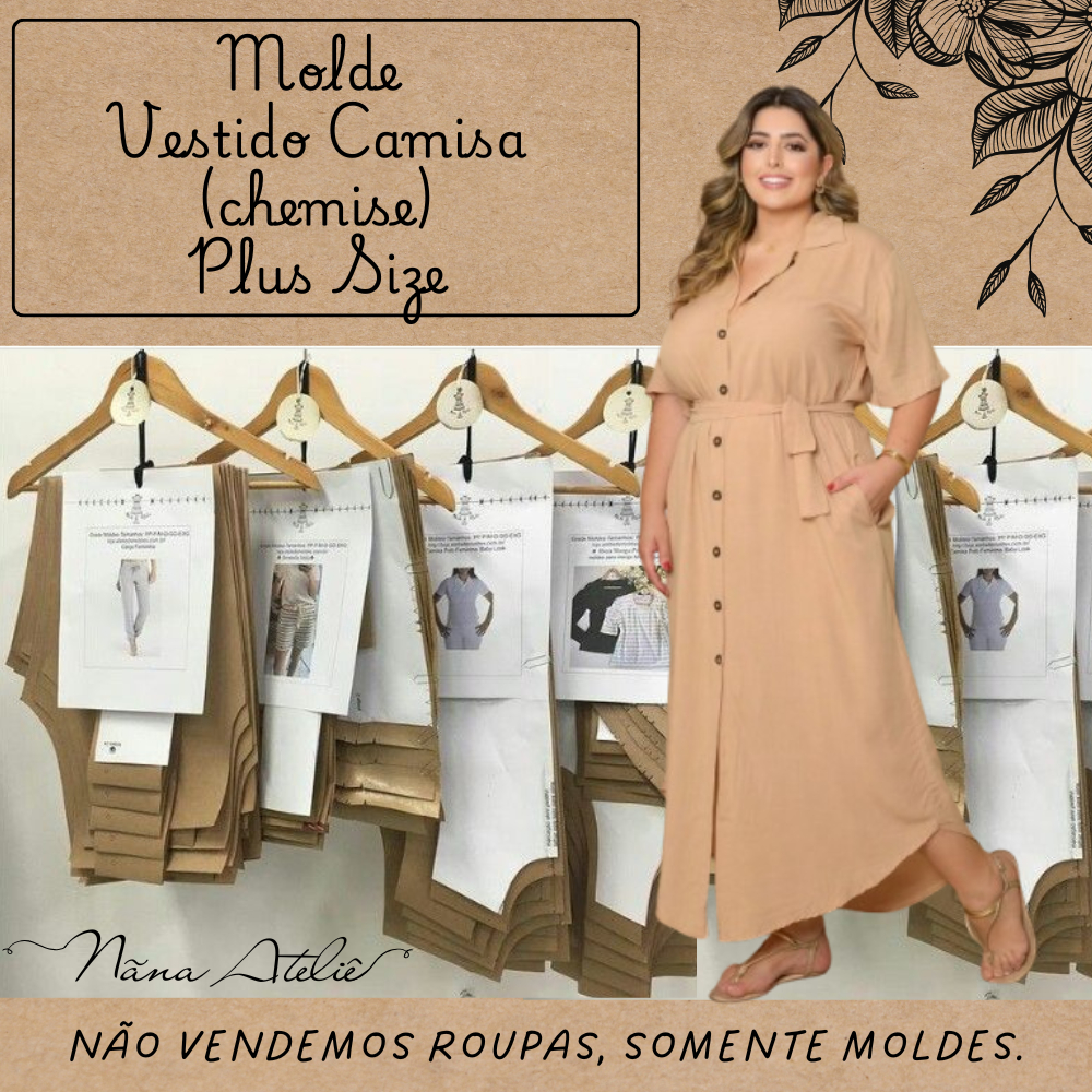 MOLDE DE ROUPAS PARA COSTURA  Vestido Camisa (chemise) PLUS SIZE em papel kraft 80g pronto pra usar