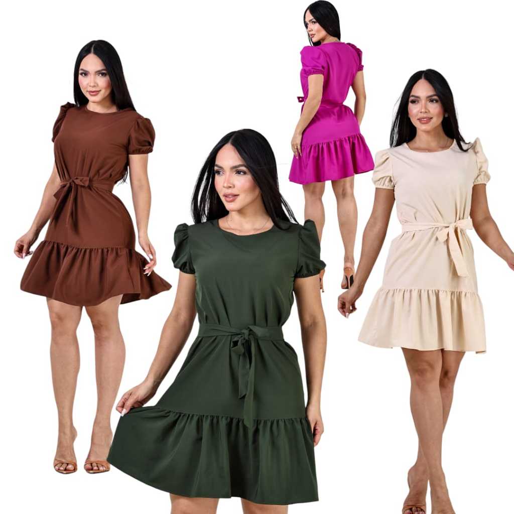 Vestido curto manga bufante casual verão festa Amarração moda gringa escritório achadinho shopee###