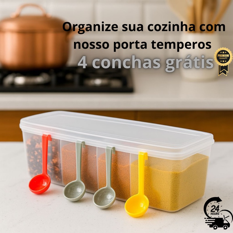 Pote Organizador Porta Temperos Porta Condimentos com 4 conchas 4 divisórias deixe sua cozinha organizada