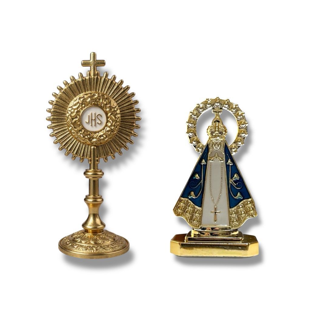Kit imagem Nossa Senhora Aparecida Dupla face + Ostensório de mesa JHS eucaristia em Oferta na Shopee