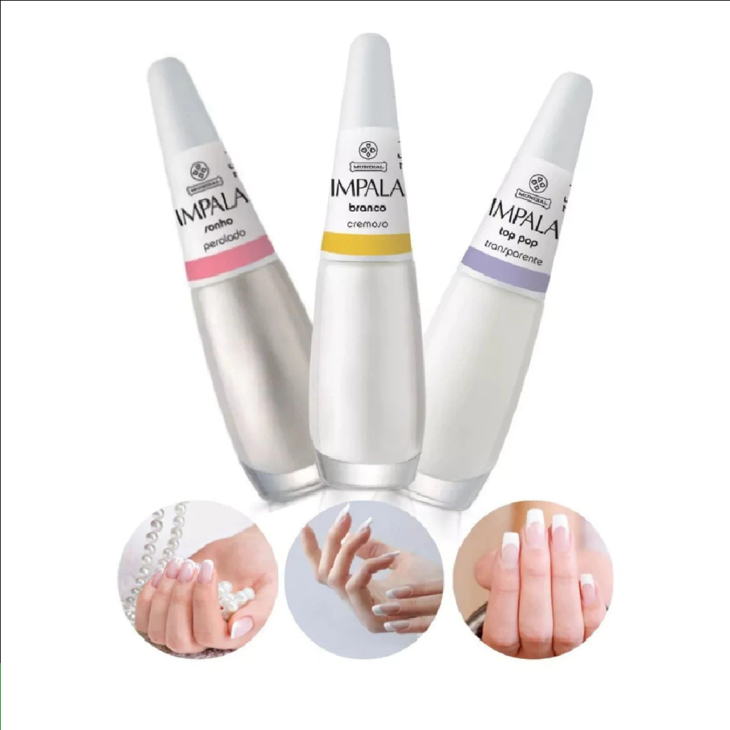Kit 03 Esmaltes Impala Francesinha (Top top, Branco e Sonho)