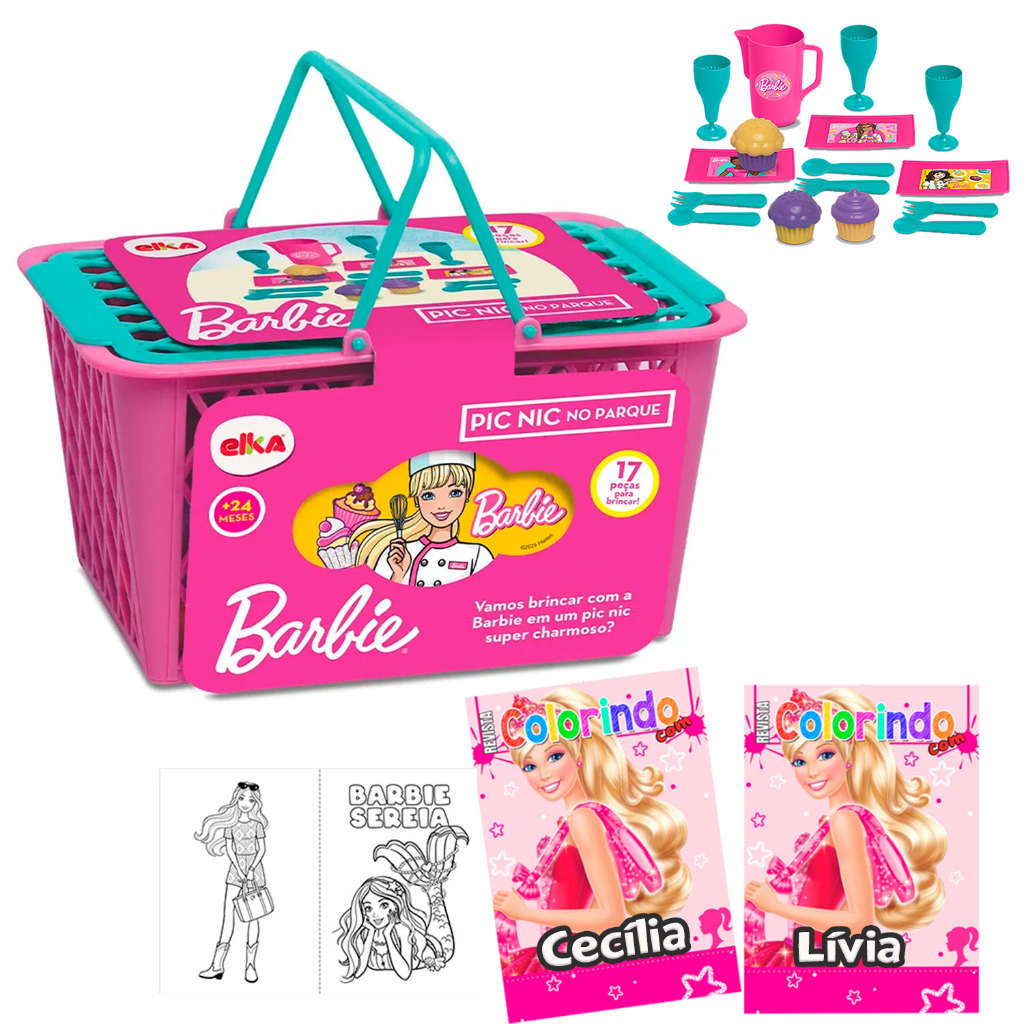 Cesta de Pic Nic Barbie 16 Peças Cozinha Infantil Brinquedos de Menina Elka + Revista de Colorir