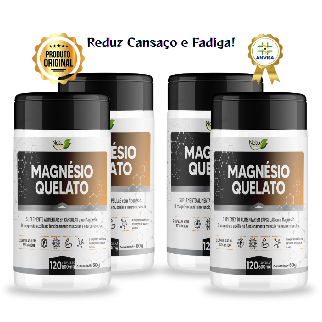 KIT Magnésio Quelato 600mg – 120 Cápsulas Natu Premium Energia e Vitalidade - 2 a 6 Unidades