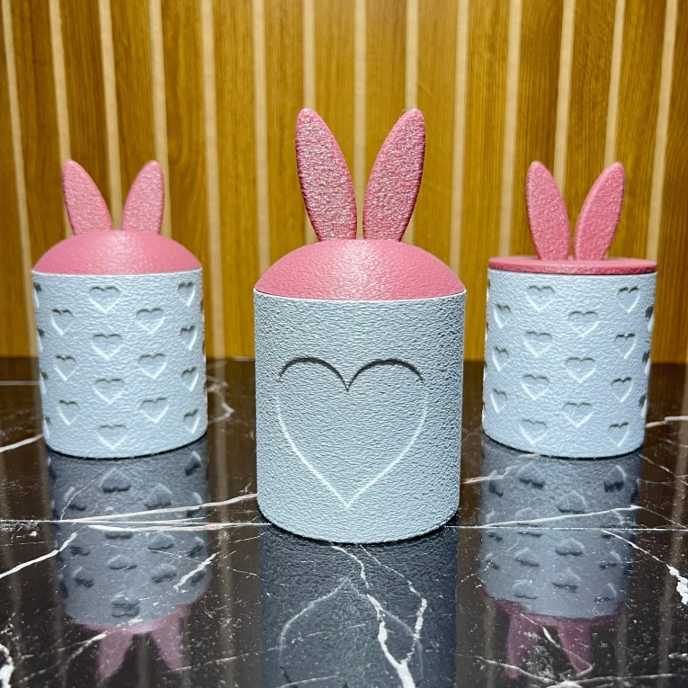 Kit 3 Porta Objetos Decorativos Coelho & Coração – Base Mármore + Tampa Rose Gold – Impressão 3D