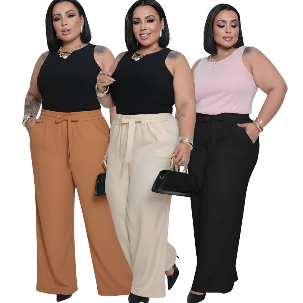 Calça Pantalona Feminina Cintura Alta com bolso tecido Duna Wide Leg Tendência