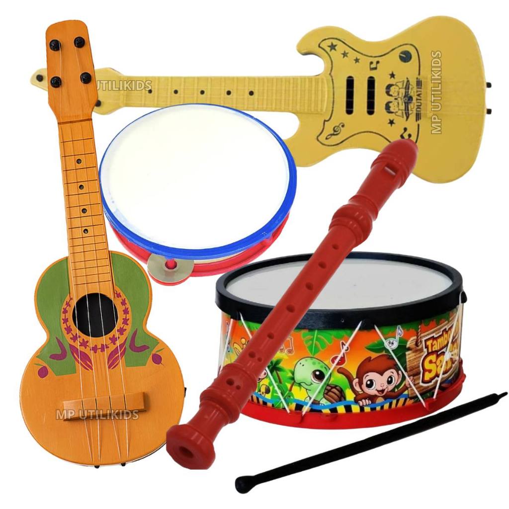 Kit Brinquedos Musical Educativo 5 Instrumentos Tambor Violão pandeiro Flauta Didatico Infantil