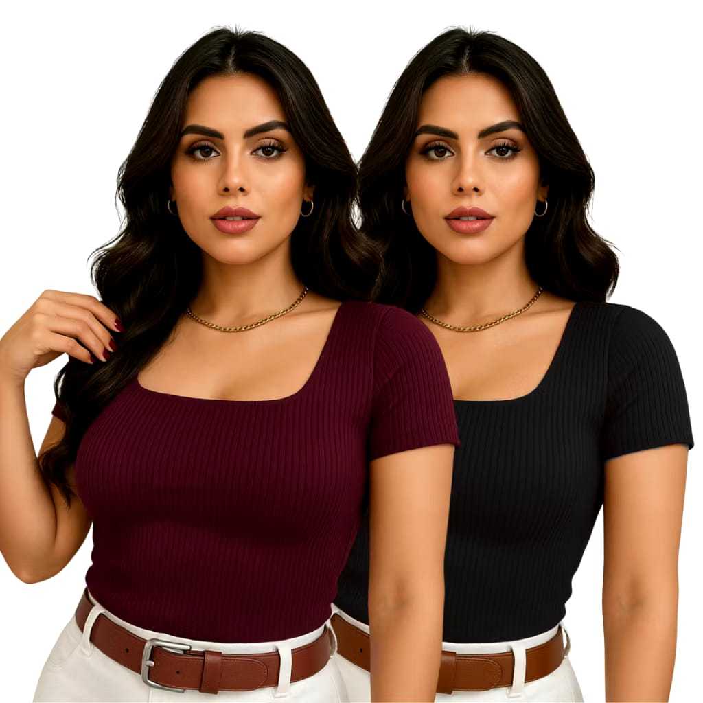 Blusa Feminina Decote Quadrado Kit 2 Canelada algodão Básica  Elegante  Manga Curta