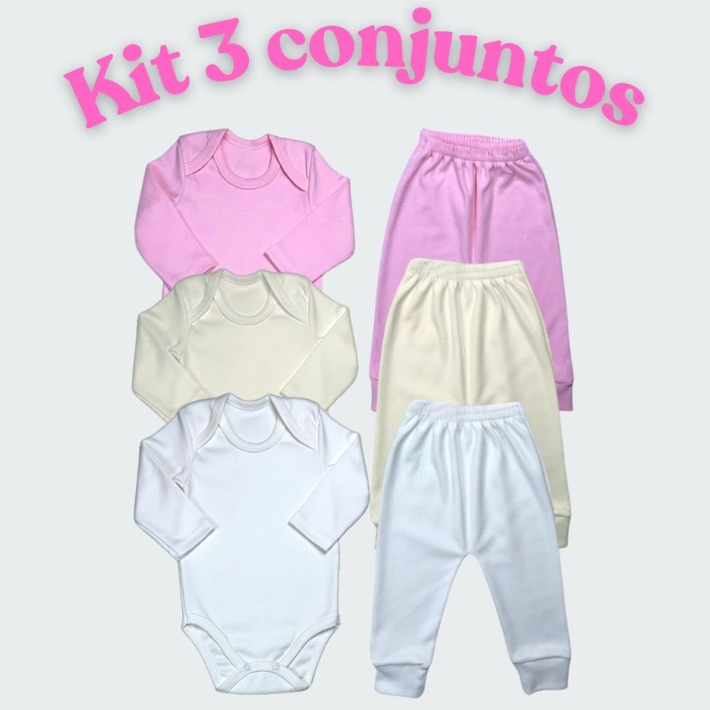Enxoval Bebê Kit 3 Body (bories, bores, bodies) Manga Longa com 3 Calças Punho Algodão