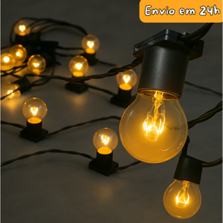 Varal de luzes para área externa com 25m + 25 LÂMPADAS INCANDESCENTES INCLUSAS! 15w 127V e 220V em Oferta na Shopee