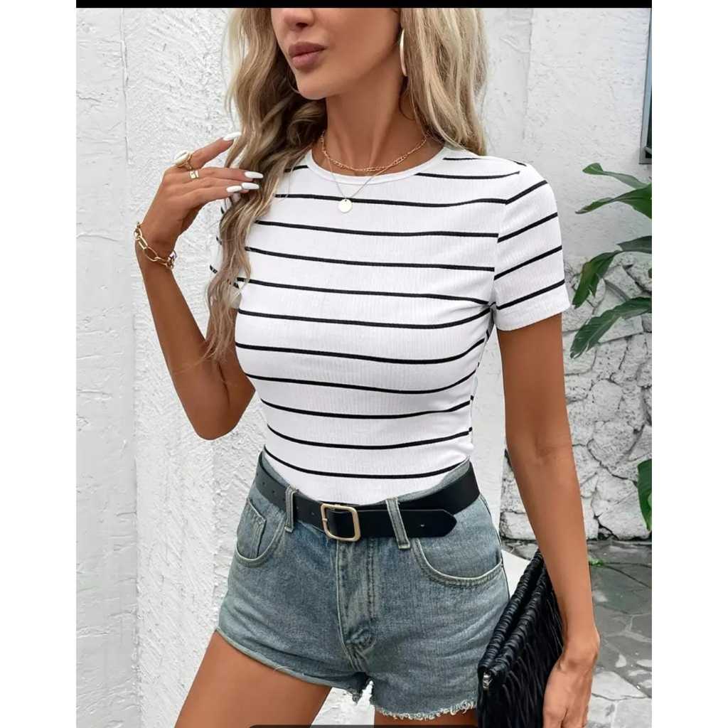 Blusa Básica Listrada Blusa Feminina Malha Ribana T-Shirt