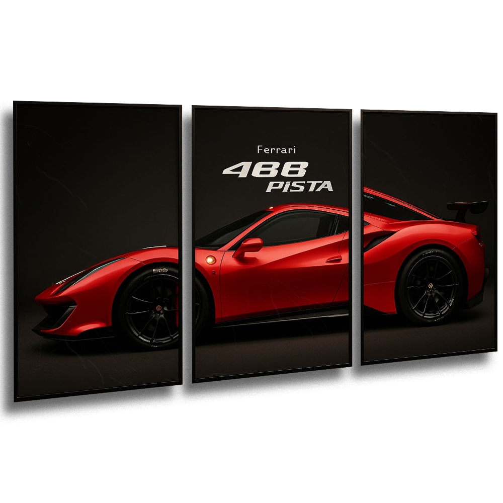 Quadro Decorativo Ferrari 488 Pista – Painel Automotivo Esportivo 3 Peças
