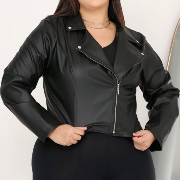 Jaqueta Feminina de Couro Sintético Plus Size Inverno Elegante com Zíper e Botões
