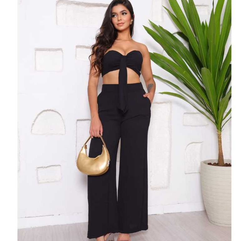 Conjunto Feminino Duna Versátil – Calça Pantalona Duna com Bolsos + Cropped com Bojo e Laço