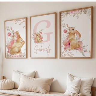 Kit 3 Quadros Decorativos Infantis Coelhinha e Flores Personalizado com Nome Com ou Sem Moldura Decoração Quarto Bebe